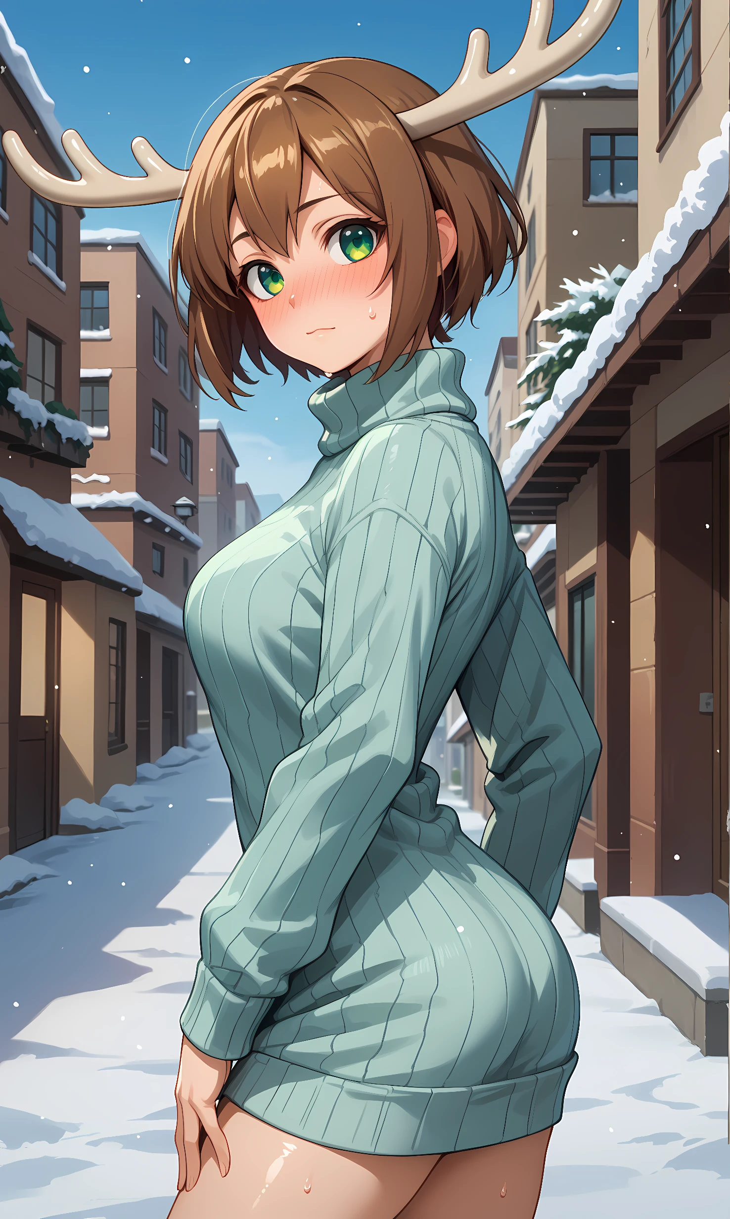 score_9, score_8_up, score_7_up, BREAK source_anime, 1girl, solo, outdoors, street, cowboy shot, looking at viewer, shiny skin, nokotan, blue eyes, green eyes, two-tone eyes, brown hair, short hair, deer antlers, ribbed sweater, sweater dress, turtleneck, long sleeves, snow, nose blush, closed mouth, from side