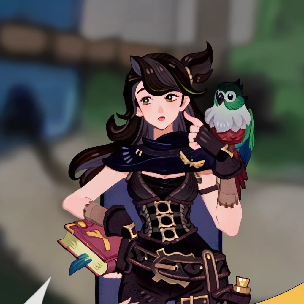 torn clothes, signature, multicolored hair, fingerless gloves, animal, animal ears, 1girl, bangs, blurry background, owl, black hair, animal on shoulder, long hair, brown gloves, blurry, depth of field, hair behind ear, breasts, book, blue cape, animal on arm, cowboy shot