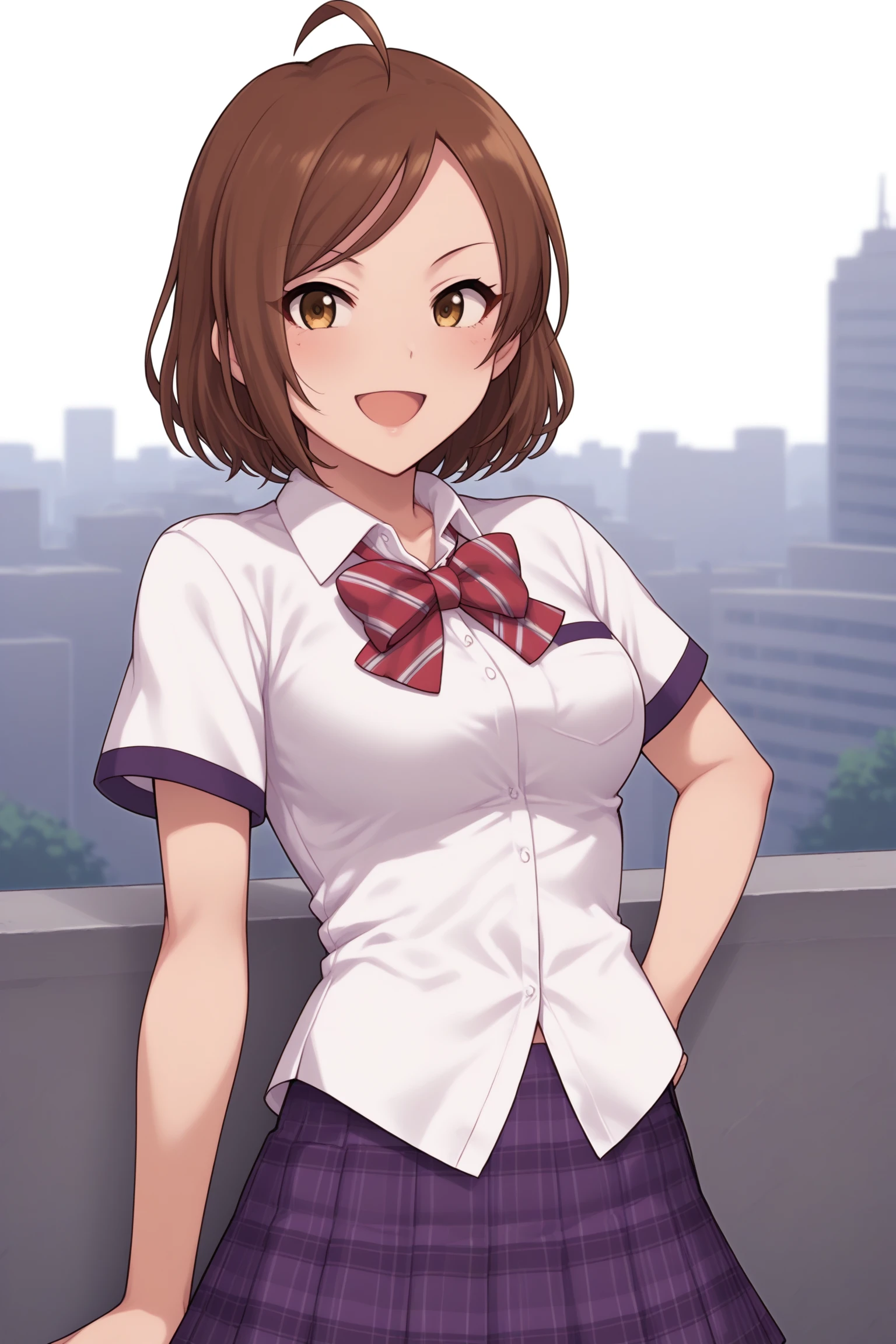 score_9, score_8_up, score_7_up, score_6_up, score_5_up, source_anime, rating_safe, medium breasts, outdoors, city, skyscraper, rooftop, 1girl, solo, looking at viewer, (upper body:1.2), im yujin, brown hair, short hair, ahoge, yellow eyes, long eyelashes, idolmaster cinderella girls, school uniform, short sleeves, purple sleeve ends, white shirt, collared shirt, breast pocket, red bowtie, untucked shirt, purple skirt, plaid skirt, pleated skirt, short skirt, <lora:Yujin_Im:0.8>, <lora:untucked_shirt-000006:1>