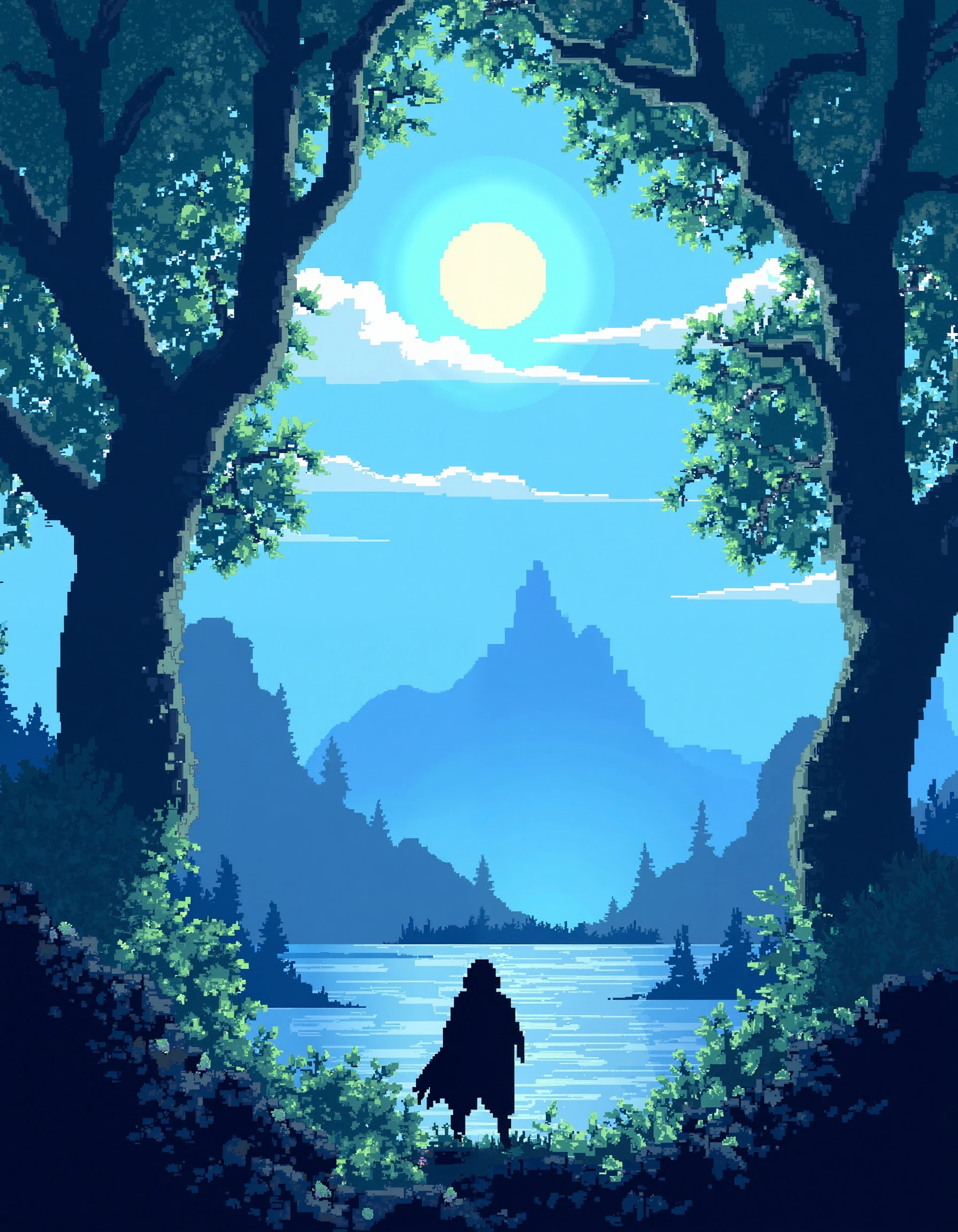 (blue theme, summer, dappled sunlight, 1other, looking away, cloak:1.2), sun, tree, forest, scenery, rock, reflection, water, lake, island, ancient, overgrown, mountains, sunset, clouds, mountainous horizon, fantasy, medieval, (pixel art, pixelated:1.2), (masterpiece, exceptional, best aesthetic, best quality, masterpiece, extremely detailed:1.2), in the style of umempart