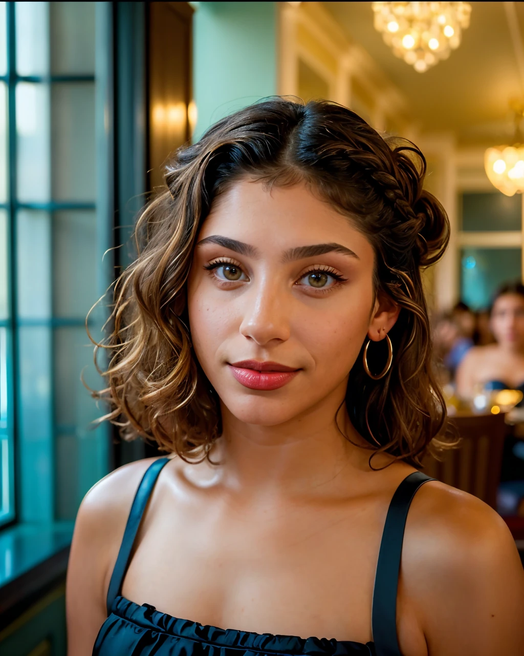 a ((portrait, close-up)) photograph of (1girl, 21 years old, slight smile), <lora:ZH_IsaFerreira_v1SD15:1>, zh_isaferreira, solo, long hair, realistic, brown hair, looking at viewer, brown eyes, dark skin, ((hair updo)) wearing (black dress, bare shoulders ,lipstick, makeup, strapless dress)