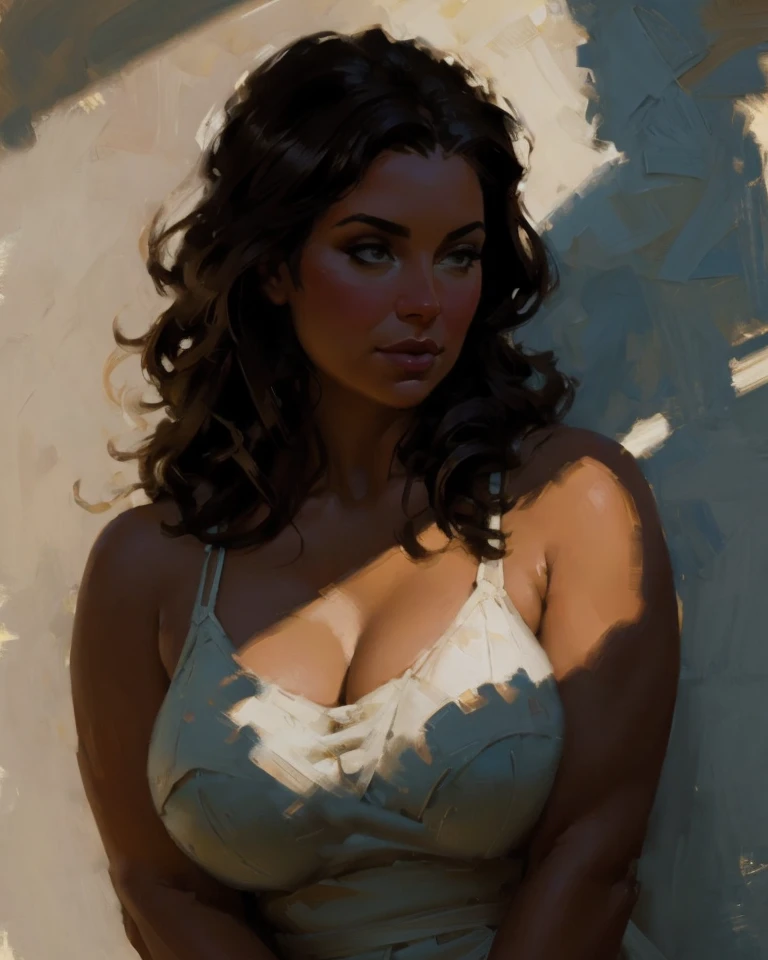 close up portrait of a milf, perfect feminine curvy body, (muscular:0.5), painterly, small brushstrokes, loose brushwork, light and shadow play, captures feeling over form