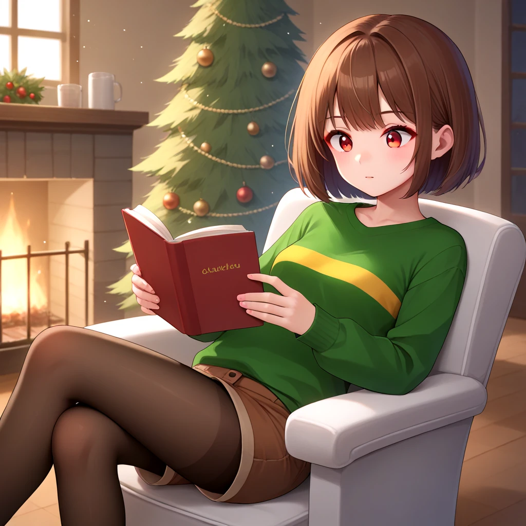 solo, 1girl, <lora:charalora:0.9>, solo, green shirt, long sleeves, yellow striped, red eyes, brown hair, short hair, brown shorts, shorts, black pantyhose, pantyhose, holding book, on chair, reading, reading book,
<lora:STYL-Expressive_H-000001:0.1>,
<lora:STYL-style_blend_25d_528_d32:0.4>, <lora:STYL-Smooth Anime Style LoRA XL:0.2>, BREAK
score_9, score_8_up, score_7_up, beautiful background, indoor, fireplace, christmas tree,