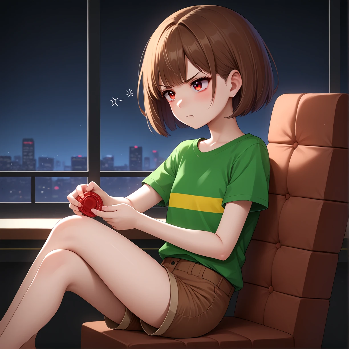 solo, 1girl, <lora:charalora:0.9>, solo, green shirt, short sleeves, yellow striped, red eyes, brown hair, short hair, brown shorts, shorts, playing slot machine, annoyed,
<lora:STYL-Expressive_H-000001:0.1>, 
<lora:STYL-style_blend_25d_528_d32:0.4>, <lora:STYL-Smooth Anime Style LoRA XL:0.2>, BREAK
score_9, score_8_up, score_7_up, beautiful background, indoor, on chair, casino, slot machine, from side,