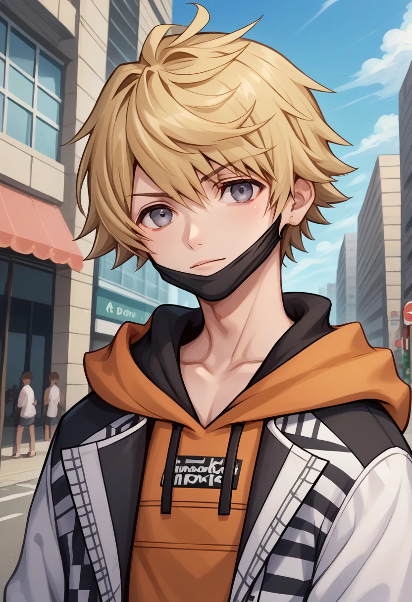 score_9, score_8_up, score_7_up, source_anime, highly detailed, 
rindokanade, solo, blonde hair, 1boy, male focus, hood, mask, 
hoodie, orange hoodie, mouth mask, jacket, looking at viewer, standing, hood down, grey eyes, mask pull, upper body,
outdoor, sky, cloud, building, street