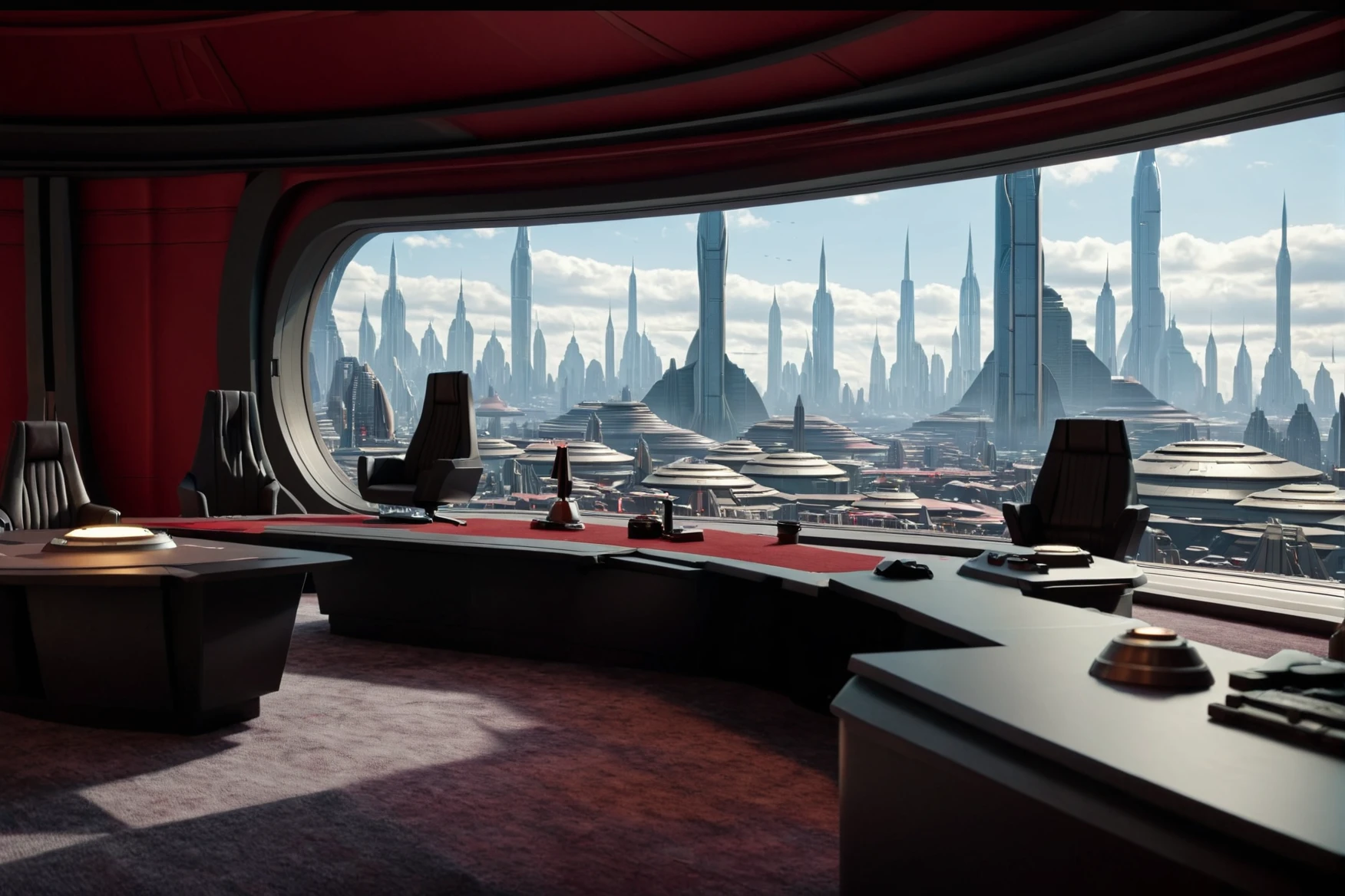 (establishing shot shot1.5) view of Coruscant office Interior <lora:Coruscant:0.2> Coruscant <lora:Coruscant_Office_Interior:0.9> with red walls, red carpet, grey furniture, Coruscant city skyline view through a large window, science fiction, 8k resolution, sharp focus, infused with a graphic novel aesthetic, cinematic, detailed, motion picture style, realistic, sci fi style, cinematic light, perfect color, perfect scene, shallow depth of field, vignette, highly detailed, high budget, bokeh, cinemascope, moody, epic, masterpiece, <lora:Rembrandt Lighting style v2:0.6> Rembrandt Lighting style, in the dark Low-key lighting Style <lora:Low-key lighting Style:0.6>