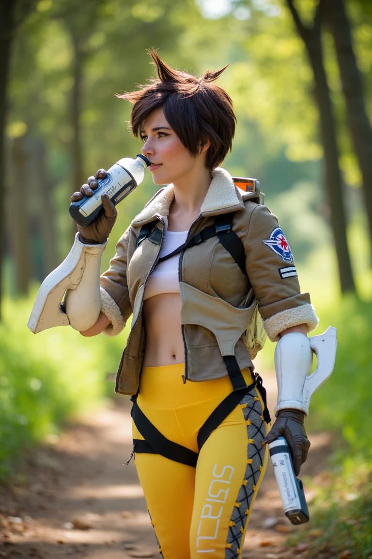 tracer taking a stroll through the park with an open jacket and holsters on her arms, yellow leggings. She is drinking from a water bottle