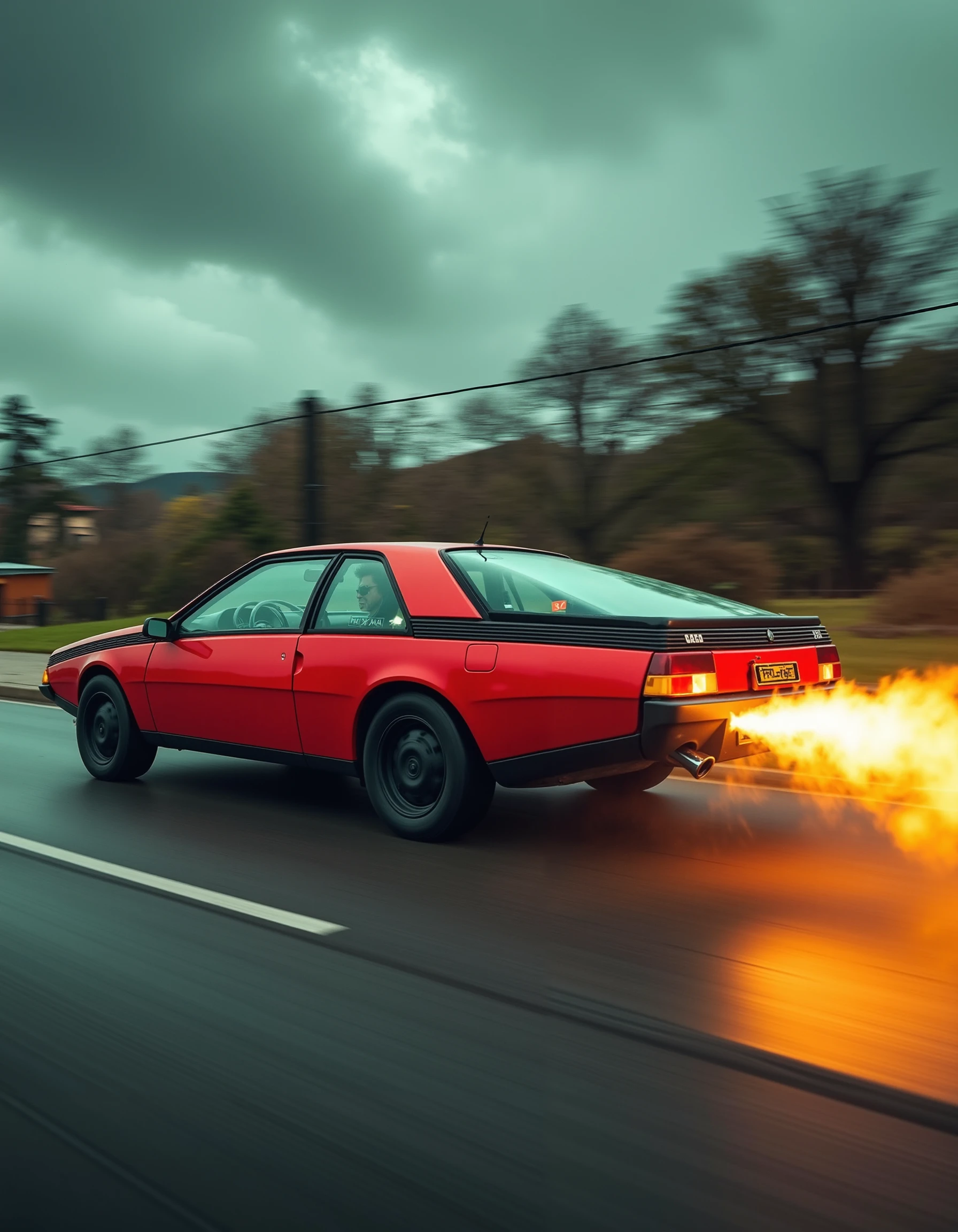 A dramatic image shows a bright red RenaultFuego car speeding down a paved road, leaving a trail of fiery flames in its wake. The car's tires smoke and its wheels spin rapidly, as if hovering above the ground. The background is blurred, with trees and buildings reduced to a fuzzy green and gray haze. The dark sky above is ominous, with gray and black clouds illuminated by the fiery trail. A mysterious figure, clad in a helmet and dark sunglasses, sits behind the wheel. Their face is obscured, but their posture exudes focus and determination. The scene radiates adrenaline, speed, and power, as if the car and its driver are unstoppable. Flames dance across the asphalt, casting a golden glow on the surrounding environment.,