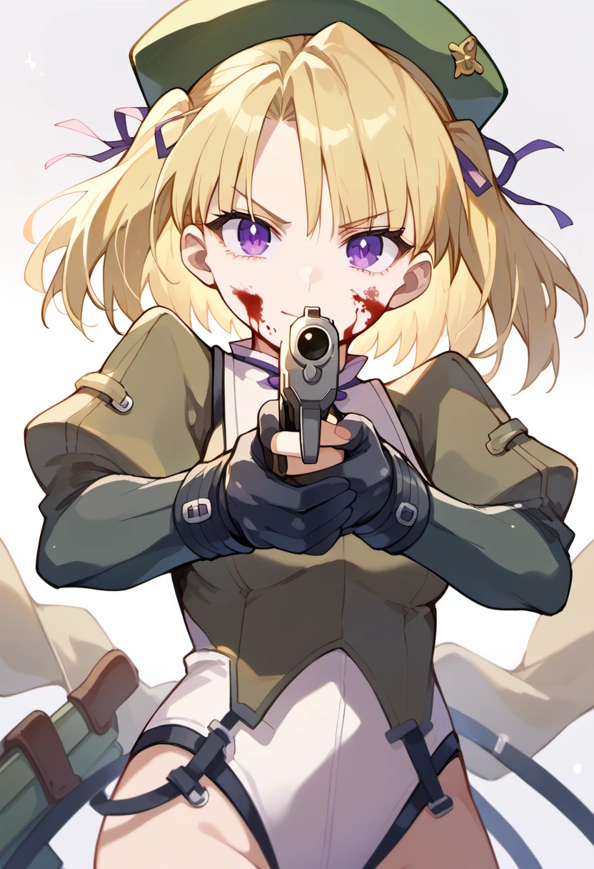 score_9, score_8_up, score_7_up, source anime, urza pranaice, 1girl, purple eyes, blonde hair, smile, short hair, beret, hair ribbon, ribbon, black gloves, medium breasts, military uniform, leotard under clothes, twintails, serious, blood on face, holding gun, two-handed, aiming, aiming at viewer, finger on trigger, <lora:urza_pranaice-xl-pony-v1:1>, <lora:aim-xl-pony-v3:1>,