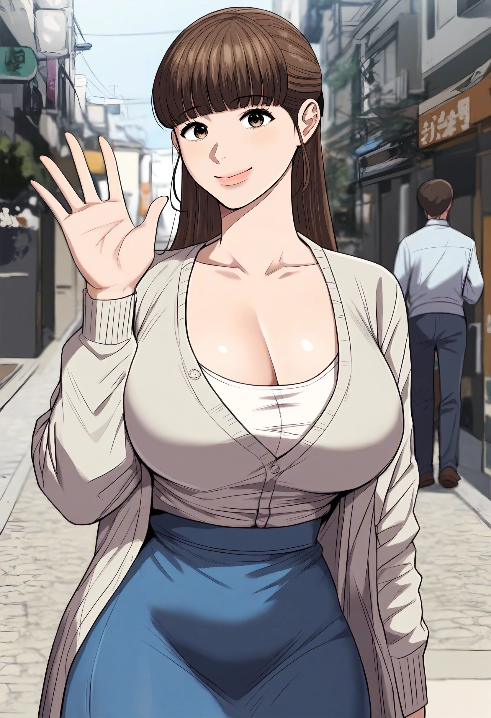 score_9, score_8_up, score_7_up, score_6_up, source_anime, rating_explicit, 1girl, (solo:1.1), huge breasts, <lora:Jang Yu-mi prefectPonyxl:0.9> brown hair, long hair, blunt bangs, brown eyes, half updo, grey cardigan, long sleeves, cleavage, white shirt, blue skirt, pencil skirt, smile, street, outdoors, looking at viewer, standing, waving