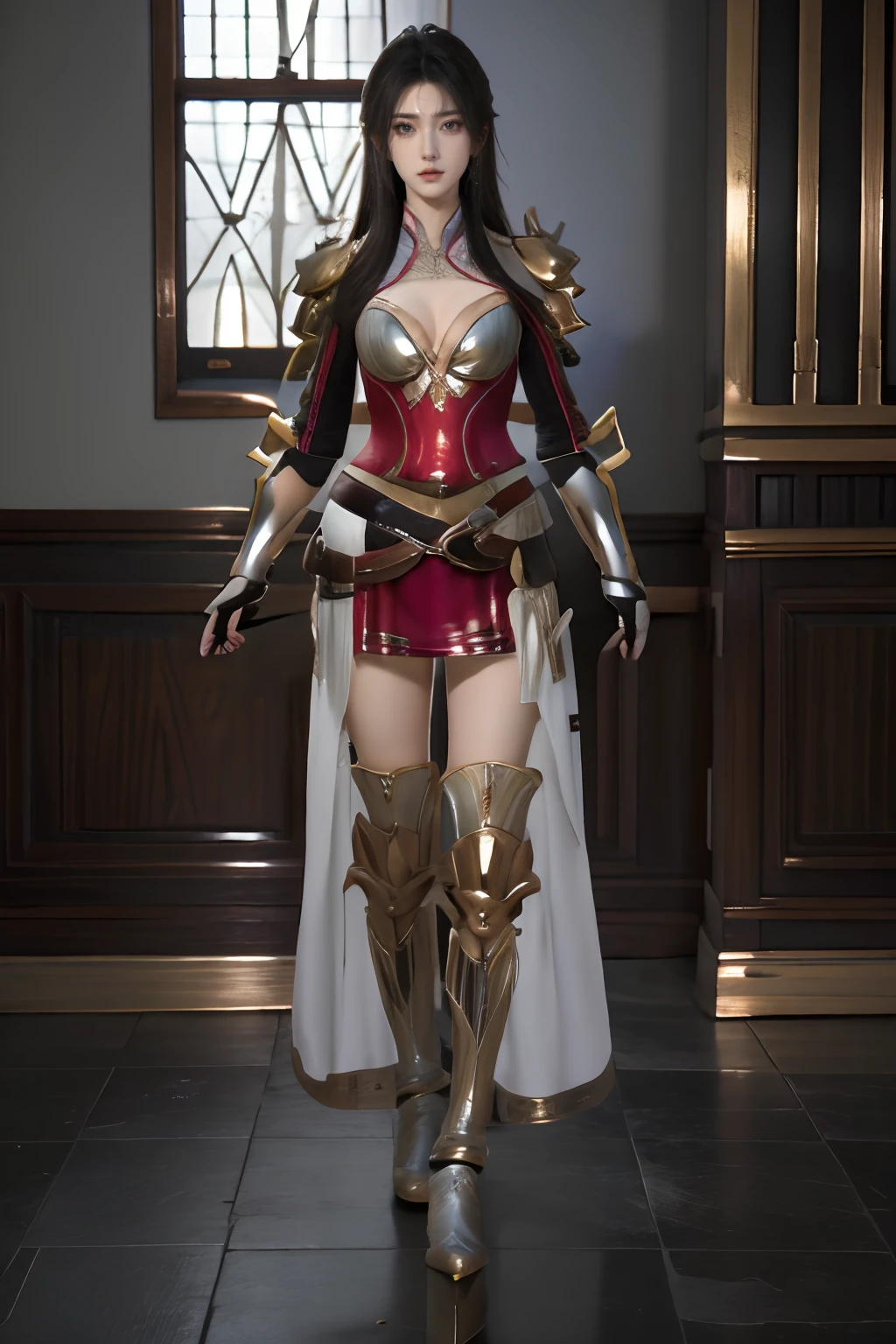 masterpiece,best quality,ultra detailed,photorealistic,1 women,solo,full body,<lora:lxmix:0.6>,lxmix,<lora:Millia outfit:0.8>,Millia outfit,armor,