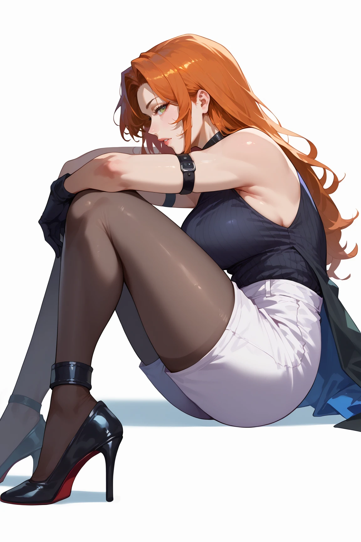 score_9, score_8_up, score_7_up, score_6_up, source_anime, solo, 1girl, female, ankle strap, arm strap, arm support, bare shoulders, black footwear, black gloves, black pantyhose, black shirt, from side, knee up, leg up, long hair, (looking at viewer:1.1), outstretched leg, parted lips, plantar flexion, profile, shorts, simple background, sitting, sleeveless shirt, solo, stiletto heels, thighs, white background, white shorts, looking sideways, hands behind head