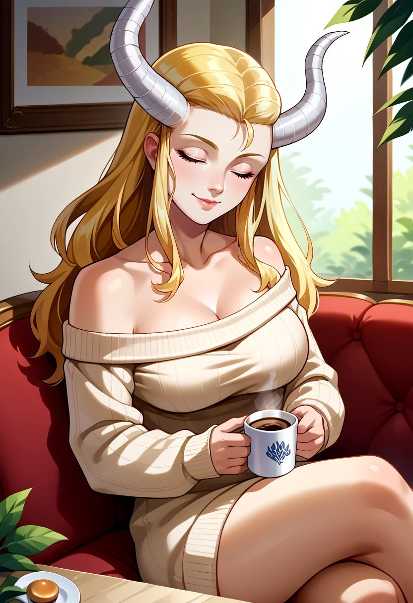 score_9, score_8_up, score_7_up, source_anime, BREAK, solo, 1girl smile, looking at viewer, <lora:Isthar-pdxl_Fp:1>, istharsmt, horns, blonde hair, long hair, closed eyes, large breasts, sweater, sitting, couch, coffee,