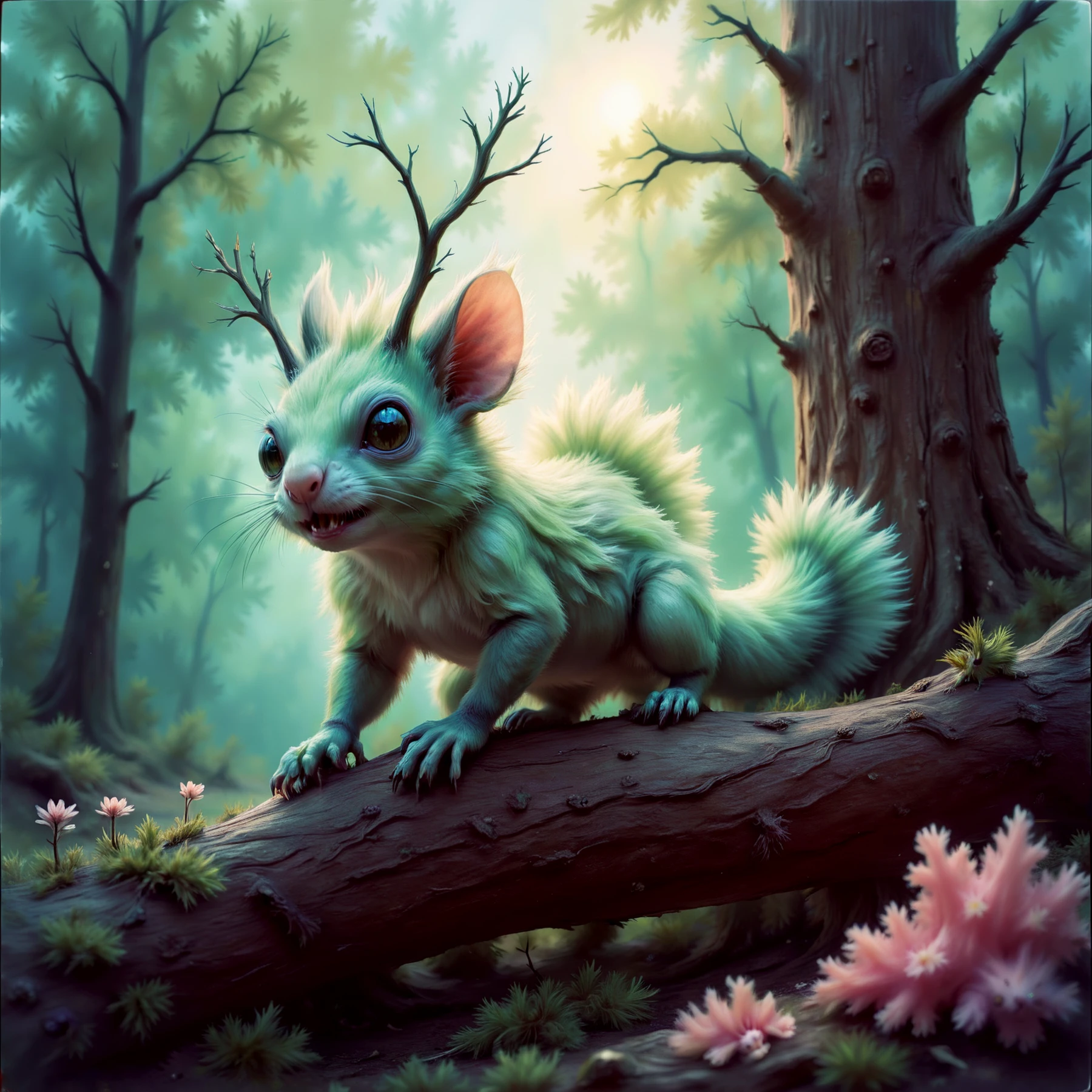 A twisted pastel alien squirrel creature, with pale green fur, sitting on the branch of a tree, chewing on a chunk of meat.

Fantasy dreamlike art.

<lora:FantasyPastel01-02_CE_SDXL_64x32x120x2bOT:1>
FntsyPstlCE style