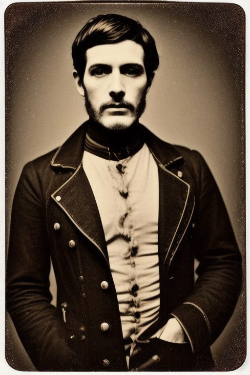 Old daguerrotype of a man, sly smirk, denim jacket, cloth workshirt, 19th_century hairstyle