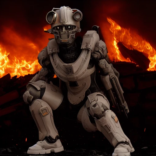 day, Burning rubble, black background, standing, kneeling, helmet, power armor, closed mouth, from side, powered armor, solo, Burning, looking at viewer, Back, sniper rifle, mjolnir armor, clenched hands, energy gun