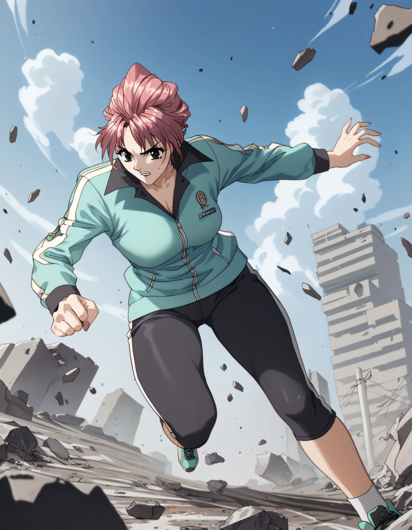 score_9,  score_8_up, score_7_up, <lora:marina-yuka-prodigy-ponyxl-000007:1> 1girl,  solo, marina, sportswear, track jacket, streetwear, rubble, dynamic, fighting