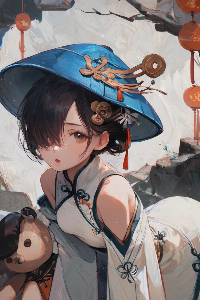 score_9, score_8_up, score_7_up, source_anime, hi res, masterpiece, best quality, highres, WCAS_PS, WTCLR_Type, 1girl, bare shoulders, black hair, blue hat, breasts, brown eyes, chinese clothes, hair ornament, hair over one eye, hair stick, hat, leaning forward, long sleeves, looking at viewer, mole, mole under eye, open mouth, robe, short hair, small breasts, stuffed toy, white robe