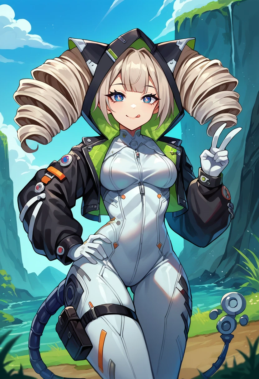 score_9, score_8_up, source_anime, 1girl, solo, ShiroToF, multicolored eyes, grey hair, twintails, twin drills, animal hood, black jacket, cropped jacket, white gloves, white bodysuit, thigh strap, mechanical tail, v, smile, tongue out, outdoors, hand on hip, <lora:ChamShiroToFPonyXL:1>