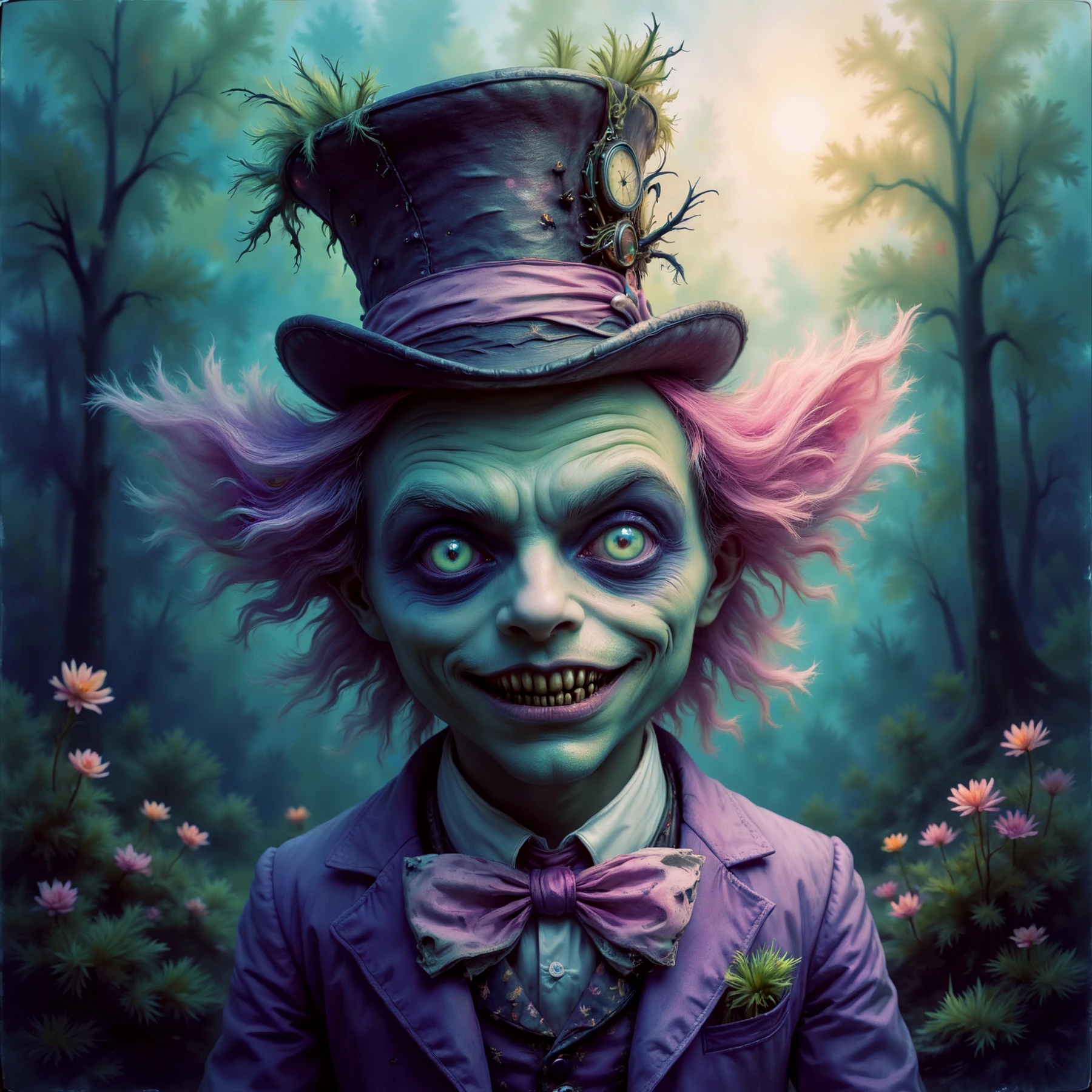 A pastel alien Mad Hatter, from Alice's Adventures in Wonderland.

He has evil eyes and a dark gash for a mouth. The atmosphere is malevolent.

<lora:FantasyPastel01-02_CE_SDXL_64x32x120x2bOT:1>
FntsyPstlCE style