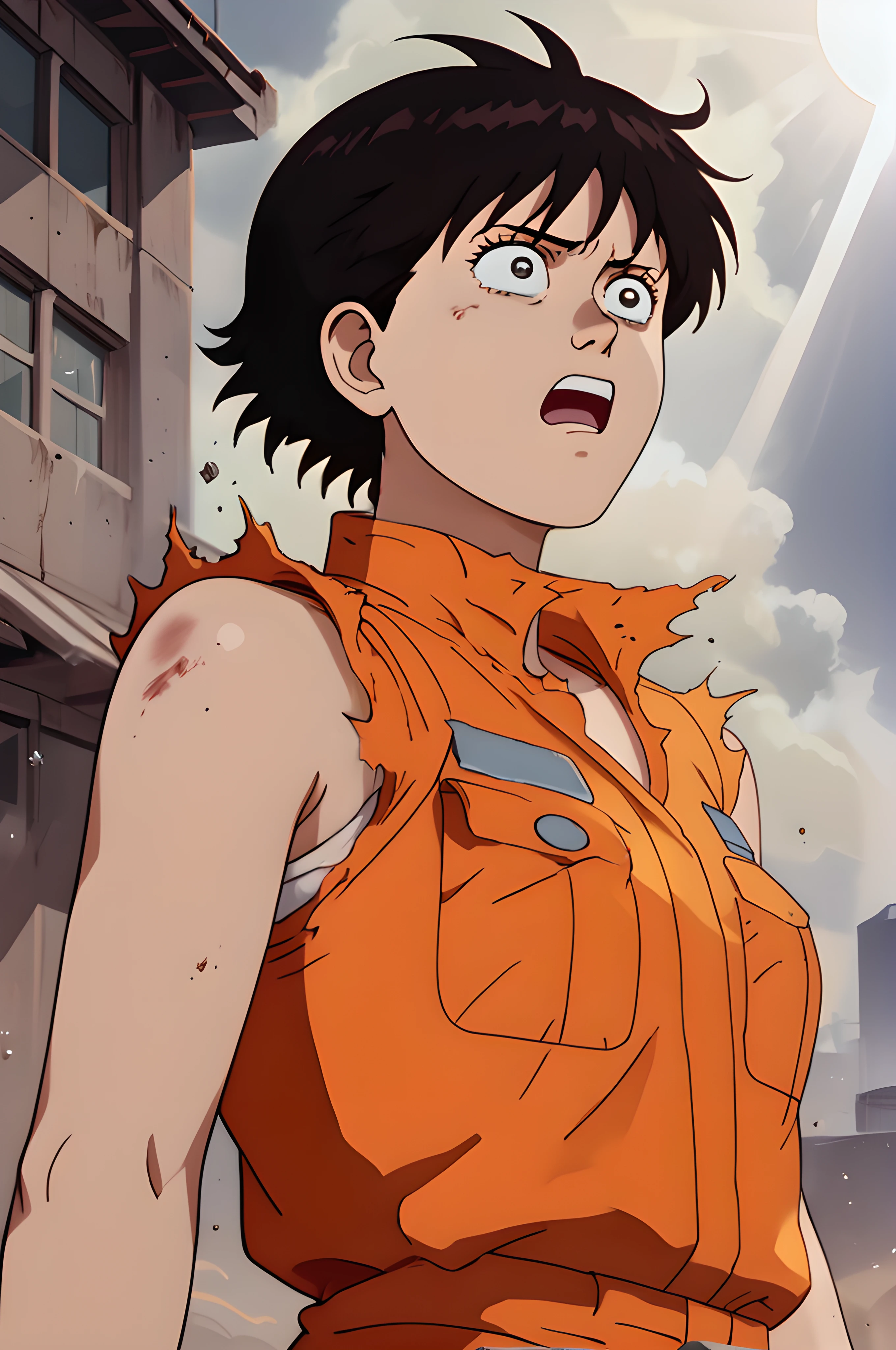 ak1rak3i, score_8_up, score_7_up, source_manga, rating_safe,  <lora:Kei_-_Akira_-_Pony:0.8> kei, girl, brown hair, short hair, messy hair, dark eyes, scared expression, upper body, orange jumpsuit, sleeveless, outdoors,  post apocalypse, decayed buildings, cyberpunk brutalist buildings, blinding light behind, godrays, spotlight, lens flare