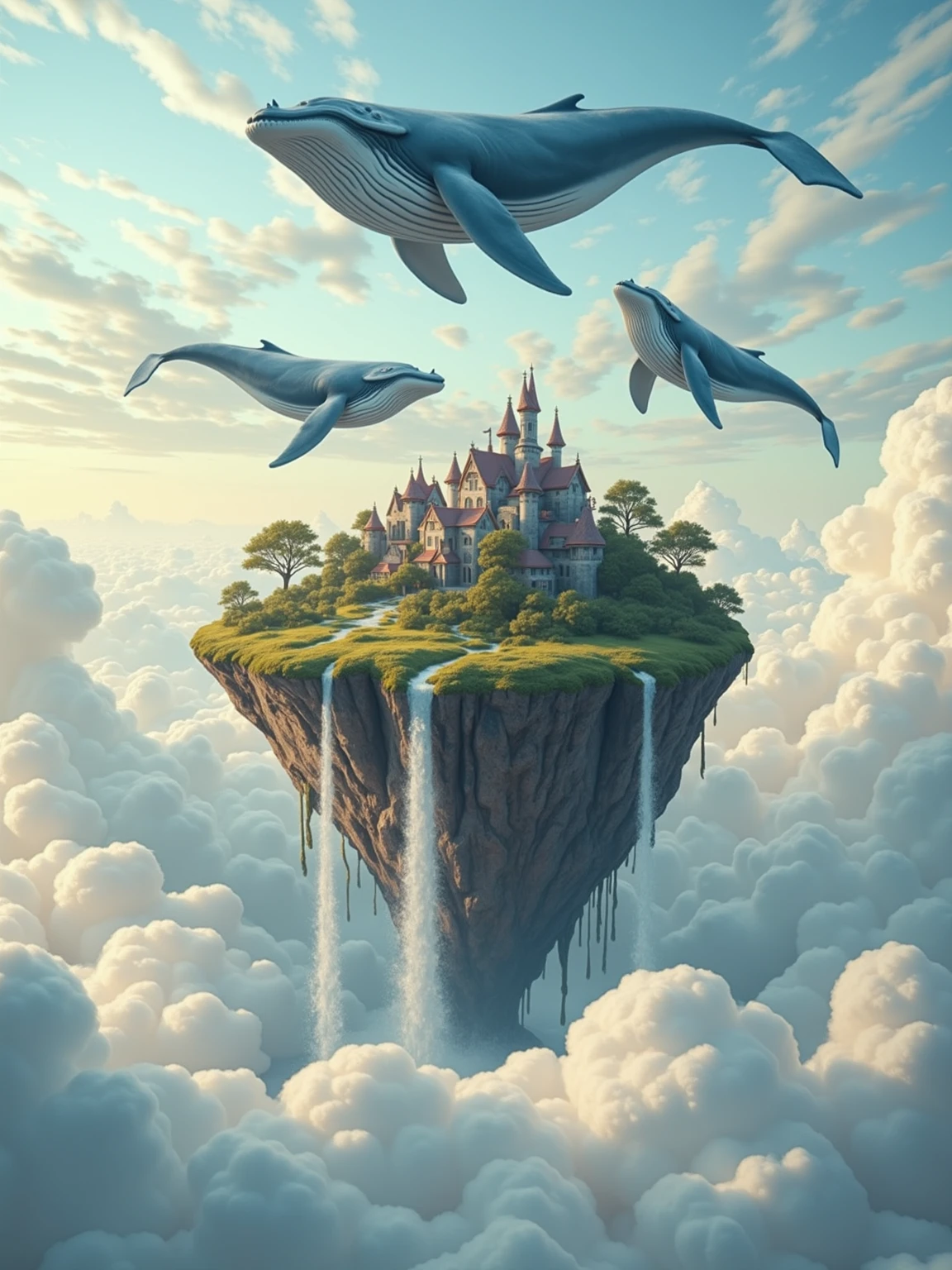 A floating island surrounded by swirling clouds and soft pastel skies. Giant, floating whales swim gracefully through the air above, while below, a tranquil village with whimsical, crooked houses sits atop the island. A waterfall from the edge of the island pours endlessly into the clouds below.