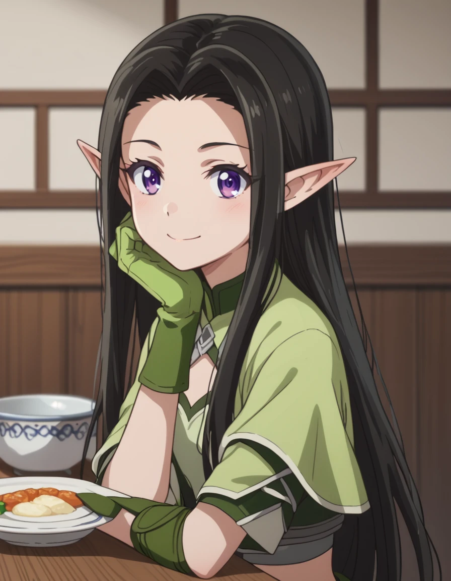 score_9, score_8_up, score_7_up, score_6_up, score_5_up, score_4_up, source_anime  <lora:ProfessedHerselfPupiloftheWiseMan:1> soft smile, portrait  Emera, black hair, very long hair, purple eyes, sidelocks, pointy ears, midriff, black shorts, elf, breastplate, green gloves,