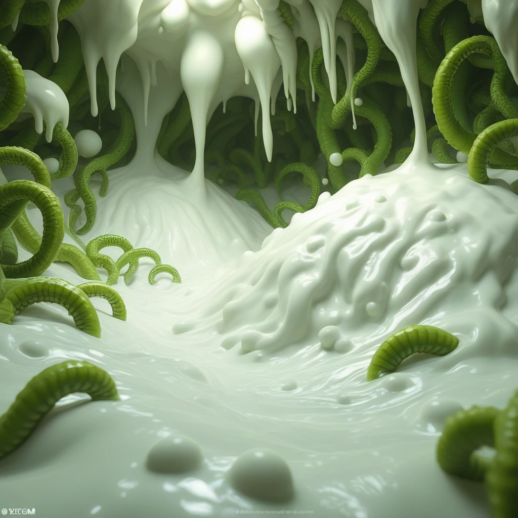 wgtentslime, 1girl, solo, girl bending over a puddle of white slime, green tentacles crowling over girl and white slime, naked, slimey, white slime, green tentacles, curvy body, short hair, big breasts, erotic, sexy pose, orgasm, cumbath, cum pool, centered, high detailed, masterpiece, 4k, artgem, outstanding artwork, trending on artstation, realistic