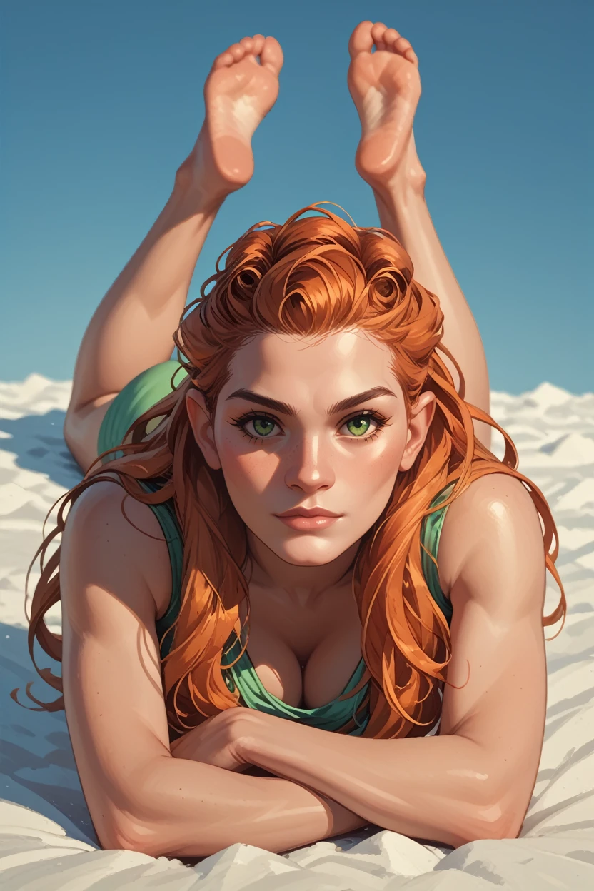 score_9, score_8_up, score_7_up,
<lora:HFWAloy:0.9>
HFWAloy, 1girl, orange hair, long hair, green eyes, looking at viewer, laying on stomach, facing viewer, feet in the air, barefoot, cleavage