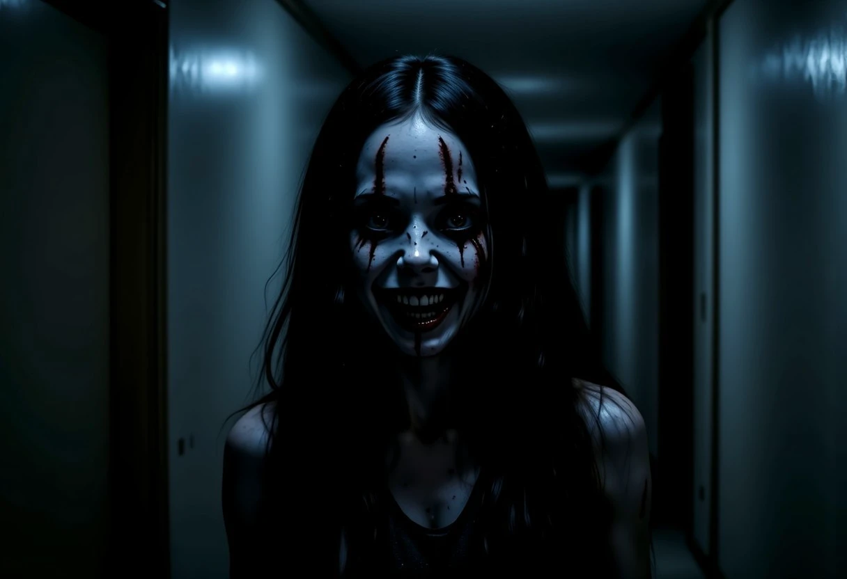 The image is a dark, eerie realistic scene from a horror movie, showcasing a character in a dimly lit, narrow corridor. The subject is an older woman 34 years of age with pale skin and long, dark hair, her face is painted as an evil clown face with sharp teeth, giving her an otherworldly appearance and smiling in an evil way. She has a small, dark tear running down her cheek, adding to the unsettling atmosphere.