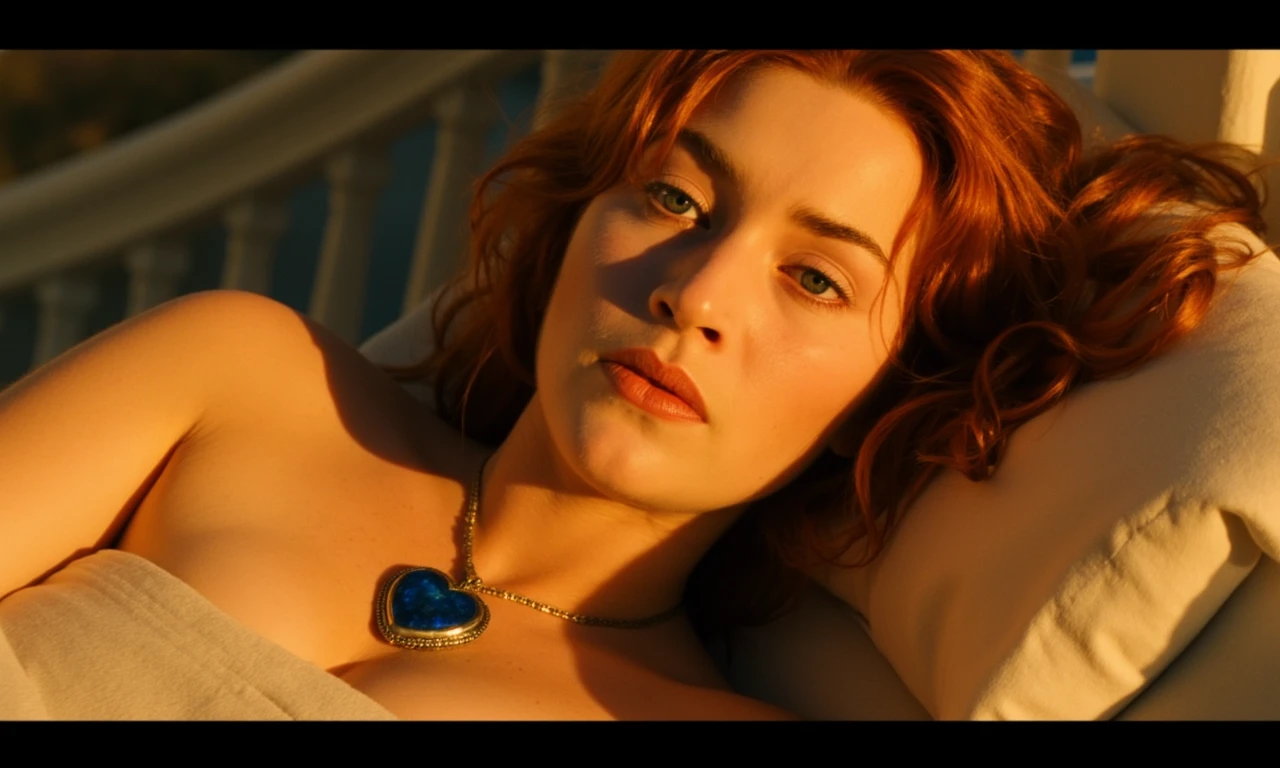 a letterboxed cinematic shot of kate winslet taken in a warm, golden light. She has a fair skin tone and is lying down, with her head resting on a pillow. Her red hair is styled in loose, effortless waves. Her eyes are a bright blue, and she wears a subtle, enigmatic expression. She is adorned with a striking dark-blue heart-shaped locket around her neck, which catches the light and adds a touch of elegance to her appearance.