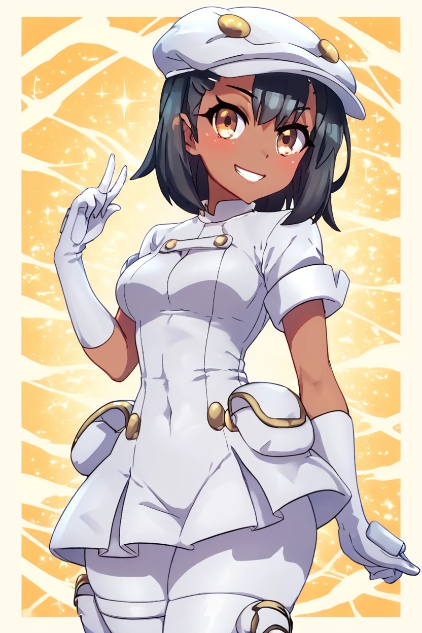 score_9, score_8_up, score_8, medium breasts, (curvy), cute, eyelashes, BREAK, , zzAether, dark skin, white cabbie hat, black hair, white uniform, white pantyhose, white gloves, <lora:Aether_Employee_Pokemon_PDXL_v1:0.8>, BREAK, smile, looking at viewer, cowboy shot, embedding:zPDXL, Expressiveh, <lora:PrismaIllya_PDXL_v3:1.0>, <lora:SDXLFaeTastic2400:0.5>, <lora:Expressive_H-000001:0.4>,