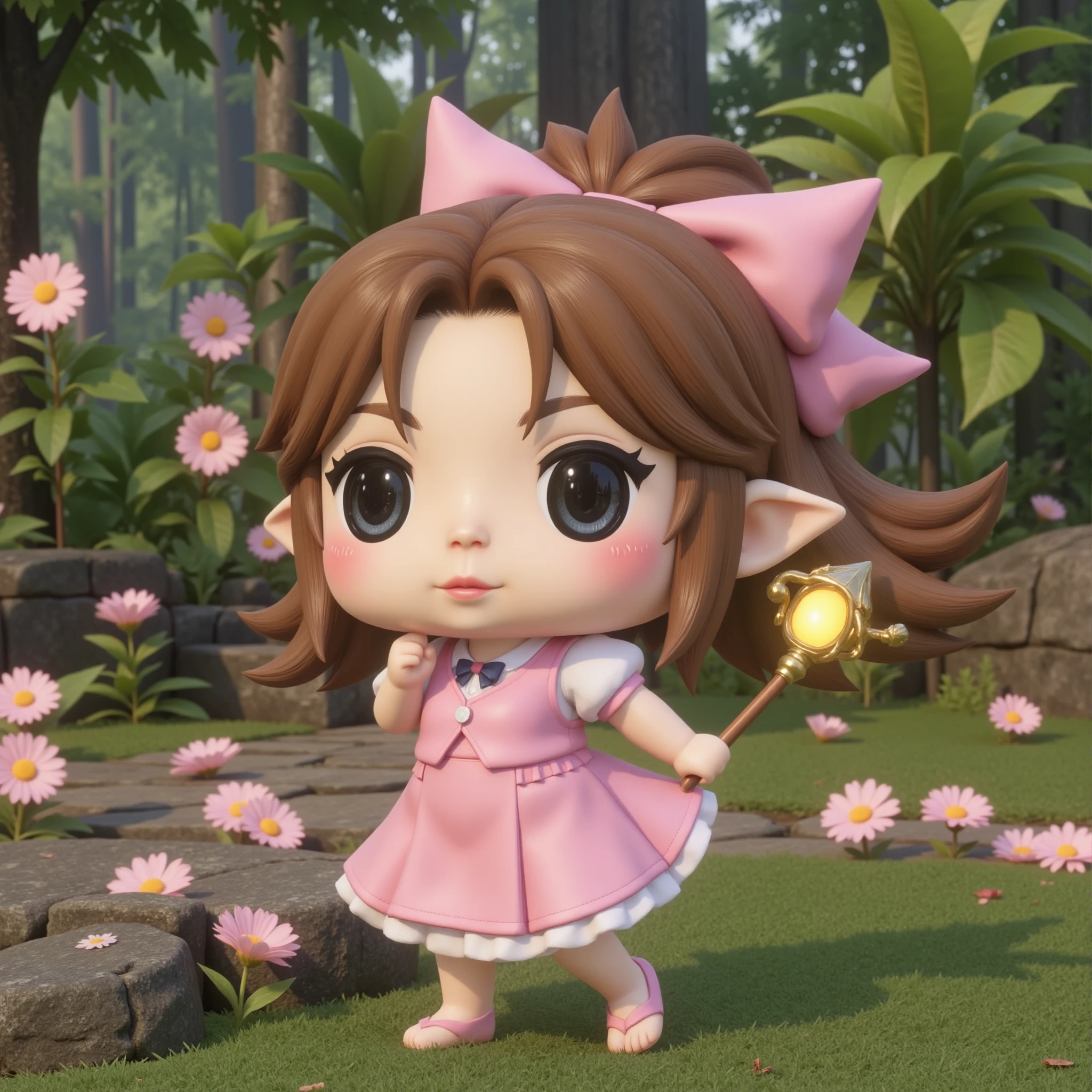 <lora:AntiBlur:3>, <lora:Unreal_Engine_Render_Style:0.5>,  <lora:World of Final Fantasy:1>, WOFinalFantasy
A hyper-realistic unreal engine render inspired by the art style of World of Final Fantasy.
A chibi-style version of Aerith Gainsborough, with her flowing brown hair tied into an oversized, playful bow, giving her an even more innocent, sweet appearance. She wears her signature pink dress, redesigned with exaggerated proportions and soft, rounded lines that match the chibi aesthetic. Her staff is oversized, yet delicate, with flower petals gently swirling around her. Her expression should be gentle and kind, with large, sparkling eyes that capture her serene nature. The background features a lush, magical garden with blooming flowers and glowing, floating orbs of light, blending a mystical atmosphere with a playful, fairy-tale quality.