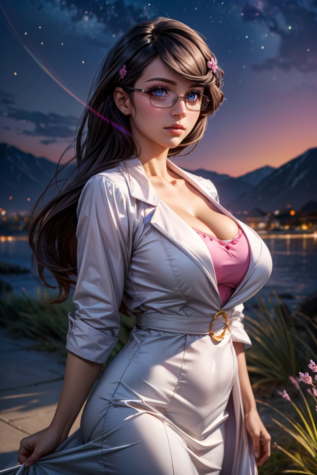 (ultra realistic,32k, masterpiece:1.2),(high detailed skin:1.1),( high quality:1.1), <lora:IllyasvielVonEinzbern_v1:0.7>, zzIllya, looking at viewer, night, outdoors, sky, BREAK,    <lora:Fennel_Pokemon:0.7>,  zzFennel, glasses, hair ornament, long hair, hairclip, blue eyes, black hair, (white labcoat:1), pink dress,    BREAK,  blooming stars, luminescent petals, otherworldly fragrance blurry background, (looking at viewer, standing:1.1), huge breast, large breast, <lora:add_detail:0.92>, (glowwave:1.1),