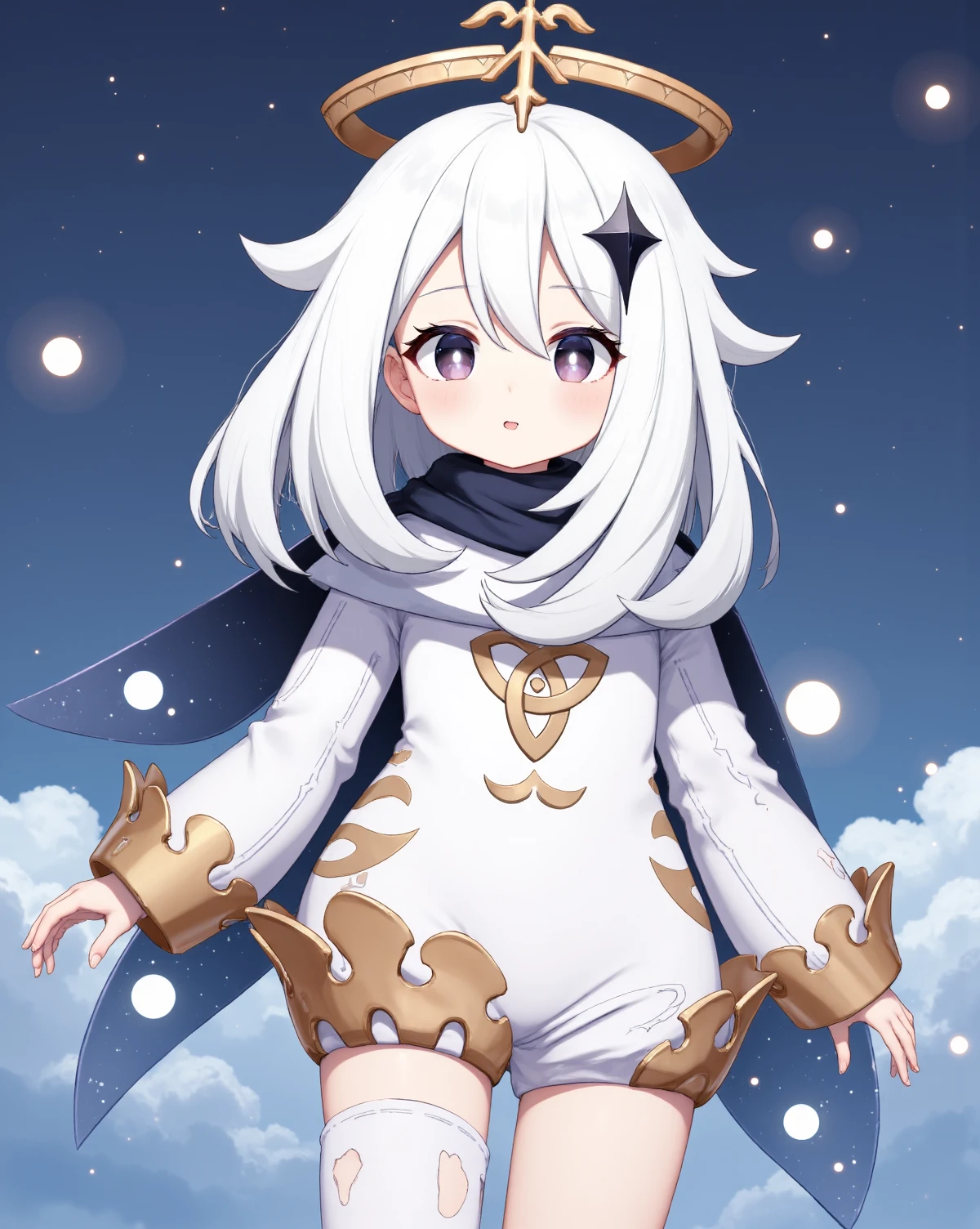 Paimon, chibi,Eerie anime girl wrapped in white: A pale anime girl, A masterpiece of sci-fi style created by the collaboration of Range Murata and Mary Cassatt. HD32K, hyperdetailed, best quality, midjourneyv6.1.