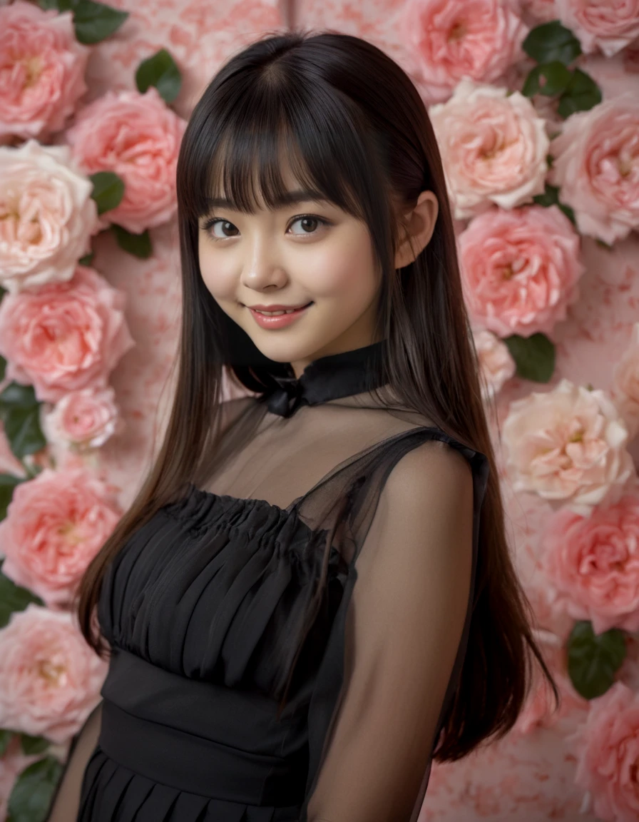 Hight detail RAW color photo, professional photograph, (Strong saturation:2.0),
beautiful japanese woman, 20 yo, (tilt one's head:2.0), Straight long hair with bangs, Big round eyes, smiling,
Shoulder Bare collared See-through blouse and A Pleated loose black skirt,
Lots of roses Wallpaper, 
<lora:roseyard:1>