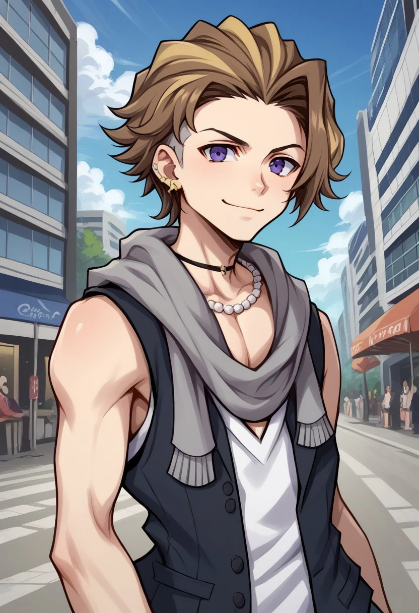 score_9, score_8_up, score_7_up, source_anime, highly detailed, 
tosaifret, 1boy, male focus, solo, brown hair, blonde hair, multicolored hair, purple eyes, earrings, piercing, ear piercing, scarf, vest, white shirt, sleeveless, jewelry, necklace, upper body, looking at viewer, smile,
outdoor, sky, cloud, building, street