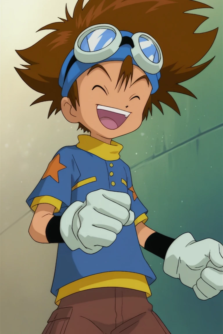 score_9, score_8_up, score_7_up, taichi yagami, brown hair, brown eyes, 1boy, male focus, goggles, solo, goggles on head, gloves, smile, closed eyes, open mouth, white gloves, :d, spiked hair, brown shorts