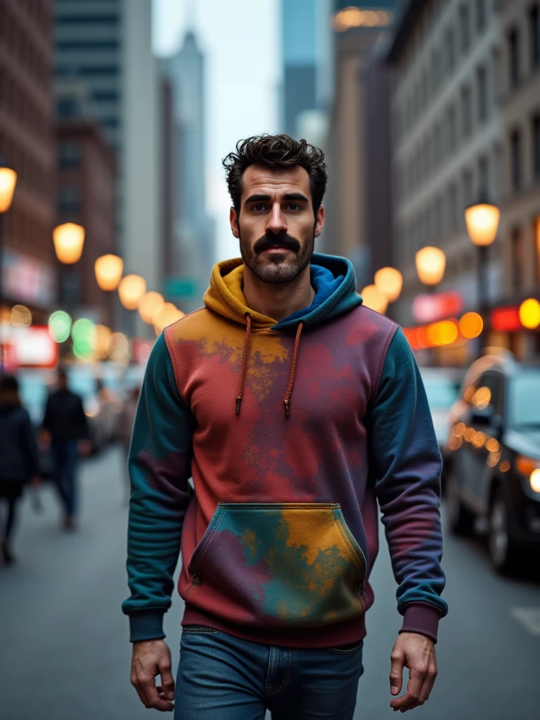 man walking in city, Bill, brown eyes, mustache, depth of field, bokeh, wearing colorful hoodie, pants, hairy, , cityscape, city lights, skyline, from below, dynamic angle,