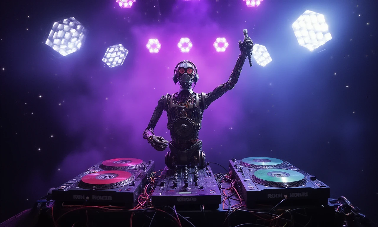 This is a photo depicting a futuristic DJ setup. The central figure is a sleek android  C-3PO,<lora:C-3PO-early form flux.1D:1> a humanoid protocol droid with a round head with a human-like face and red glowing eyes, wearing large, black headphones. The android stands at a DJ console that features two large turntables with red and green vinyl records. The android holds a microphone in its right hand, raised high, as if it is about to begin a performance. The DJ console is equipped with numerous buttons, knobs, and cables, with a central mixing board and two large speakers on either side. 
The background is a vibrant, dark purple and blue gradient, with bright white and purple spotlights illuminating the scene from above, casting dramatic shadows. Sparkling, glowing particles are scattered around the android adding to the futuristic ambiance.