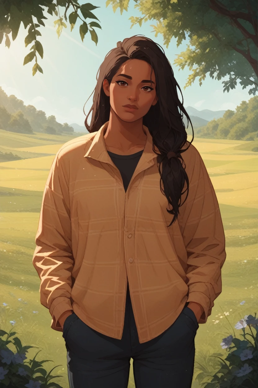 score_9, score_8_up, score_7_up, score_6_up
<lora:FFrey:0.8>
FFrey, 1girl, black hair, long hair, brown eyes, dark skin, looking at viewer, standing in a field of lavender, hands in pockets, slight breeze blowing hair, warm golden hour sunlight, serene and peaceful mood