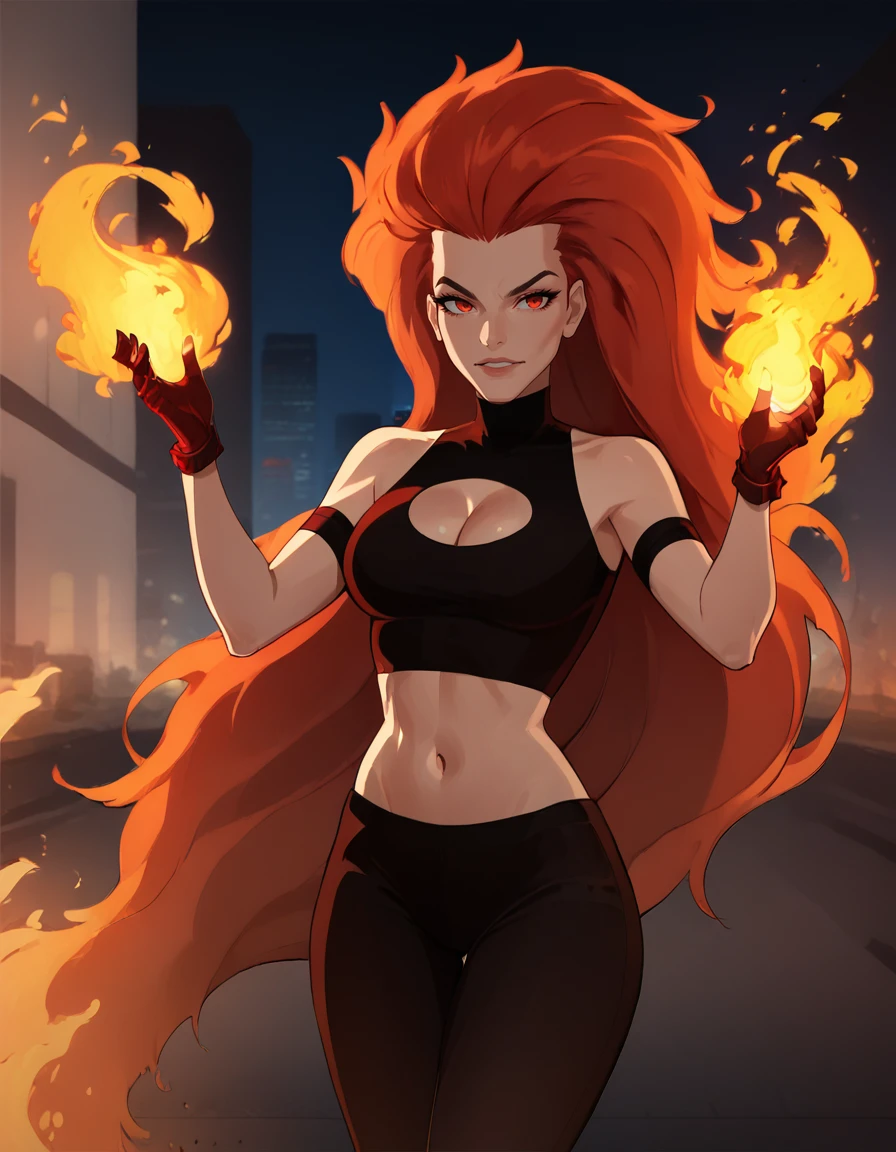 Ugly score_9, score_8, score_7, 1girl, solo, expression, cowboy shot, clothing cutout, black bralette, midriff, gloves, very long hair, red hair, red eyes,  black pants, night, night sky, cityscape, standing, big hair, cleavage, full body, shiny, hands on fire, hands up, <lora:Vulcana-000013:1> , <lora:ninjartist_v3:1>