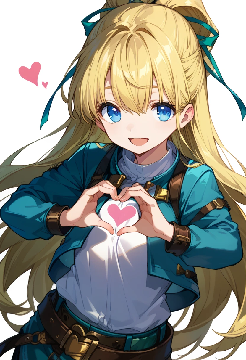 score_9, score_8_up, score_7_up, source anime, noa, 1girl, solo, blonde hair, blue eyes, long hair, :d, open mouth, smile, belt, hair ribbon, cropped jacket, white shirt, hair intakes, heart, heart hands, white background, <lora:noa_rance-xl-pony-v2:1>,