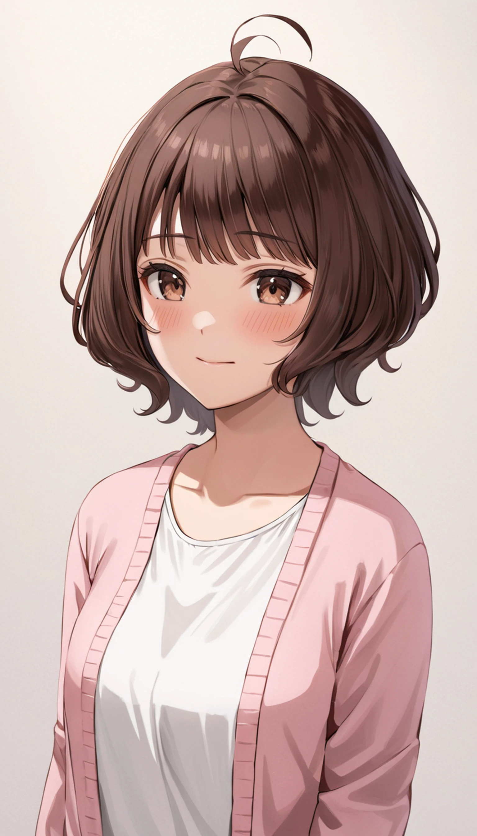 masterpiece, best quality, very aesthetic, absurdres,
1girl, brown hair, brown eyes, short hair, pink cardigan, white blouse, (buttons,collar:-1),white room background, (blurry background:1.1), film grain, drop shadow, (embarrassed:0.5), light smile  
<lora:Curl_inward_hair:1>