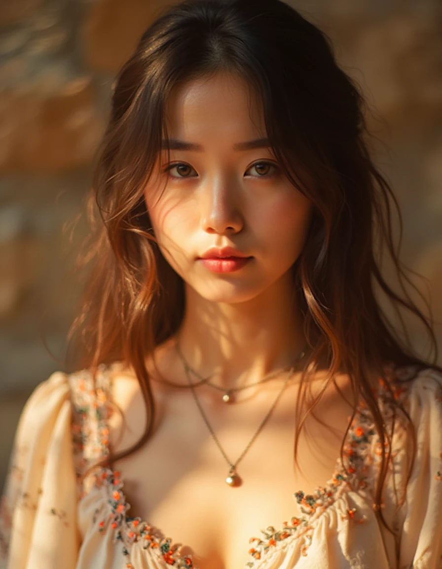 A raw photo of a K-POP wearing a style dress, captured in a close-up shot. Her skin glows under natural light, highlighting the fine details of her attire and accessories, which include subtle jewelry that enhances the boho charm. Loose strands of her hair fall gently around her face, framing her features with a relaxed, carefree vibe. The intricate patterns of her dress, made of light, flowing fabric, showcase delicate embroidery and soft earthy tones, which reflect the free-spirited essence of the bohemian aesthetic. The texture of the fabric is richly detailed, and the soft shadows bring out the depth of the image, creating a warm and intimate atmosphere. The background is softly blurred, focusing all attention on her expression and the fine textures of her boho dress, giving the photo a sense of authenticity and natural beauty 
,petzval85bokeh, starry_bokeh:1.5,
<lora:hinaFluxPetzval85ArtLenLora_v1-rev1:0.7>