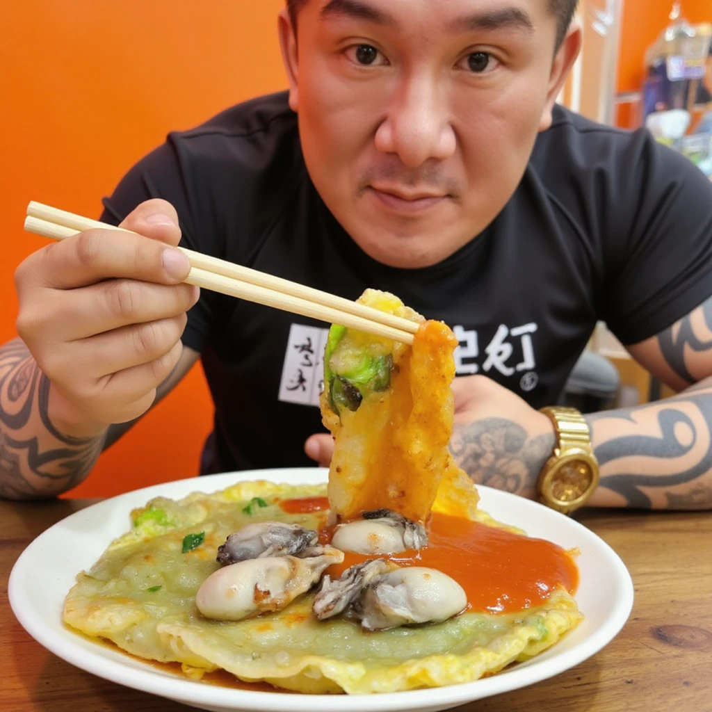 Close-up food photography of Taiwanese oyster omelette (O-a-jian), served on a white round plate, golden-green egg batter with clearly visible plump fresh oysters, vibrant green leafy vegetables scattered throughout, semi-translucent texture, bright red tomato sauce covering half the dish, glistening oysters on top. A middle-aged Asian man in casual attire is visible from the chest up, seated at a restaurant table, leaning slightly forward with chopsticks in hand, about to take a bite of the oyster omelette. His expression shows anticipation and enjoyment. Warm lighting enhances colors and textures, shallow depth of field focusing on both the dish and the man's face, orange-toned background suggesting restaurant setting, high-resolution image capturing intricate details of the food and the diner's interaction with it