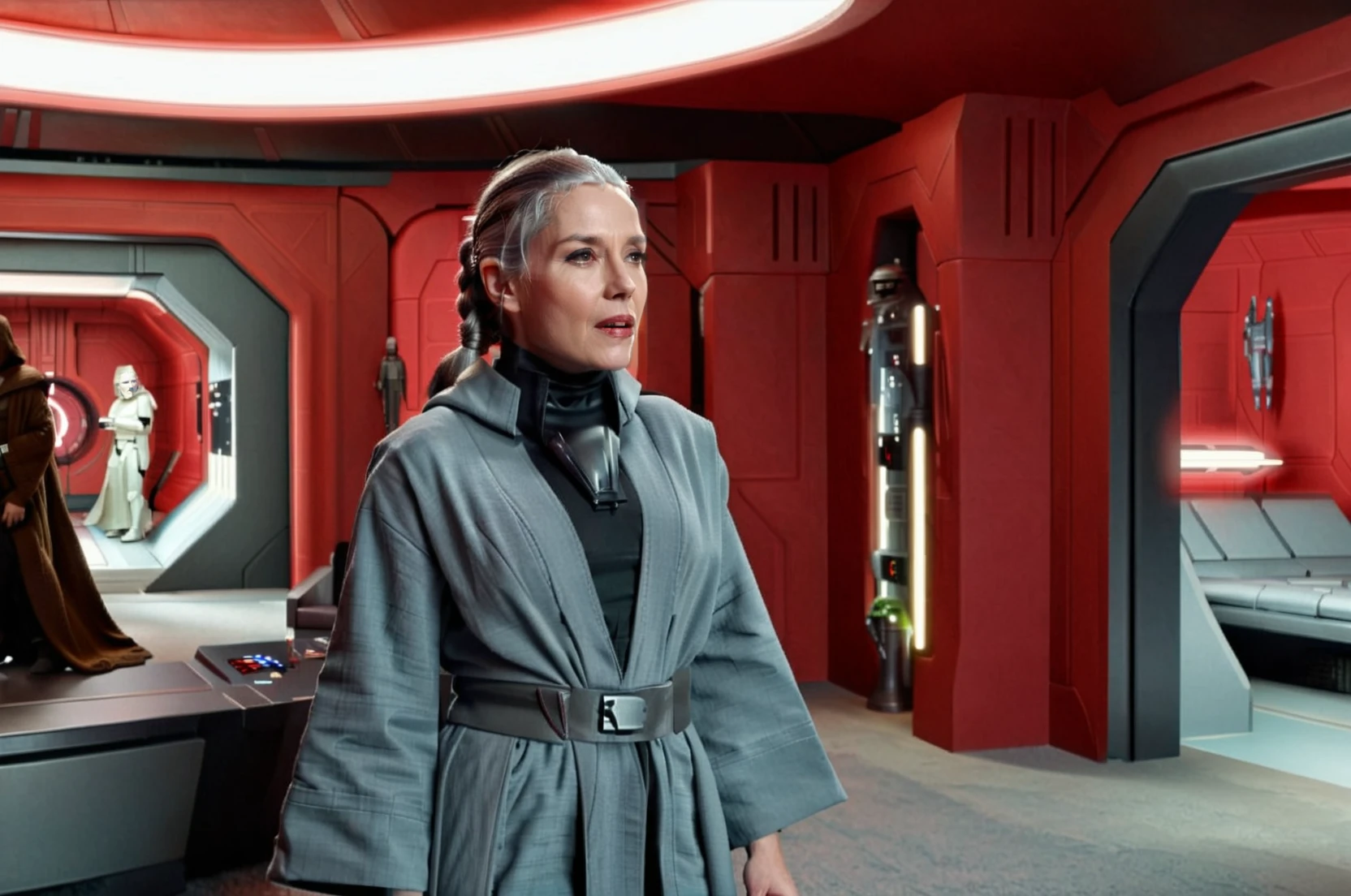 (side view1.5) (full body1.5) shot of beautiful woman kreia <lora:kotorsdxl_lora:1> (standing), gray braided hair, wearing grey star wars style futuristic sci-fi robes, (((look at camera))), (((shouting, hand gestures))), background of Coruscant office Interior with bed and red walls, red carpet, grey furniture, science fiction, 8k resolution, sharp focus, infused with a graphic novel aesthetic, cinematic, hyper-detailed, motion picture style, realistic, sci fi style, cinematic light, perfect color, perfect scene, shallow depth of field, vignette, highly detailed, high budget, bokeh, cinemascope, moody, epic, masterpiece, <lora:Rembrandt Lighting style v2:0.6> Rembrandt Lighting style, in the dark Low-key lighting Style <lora:Low-key lighting Style:0.6>  <lora:Coruscant:0.2> Coruscant <lora:Coruscant_Office_Interior:0.8>