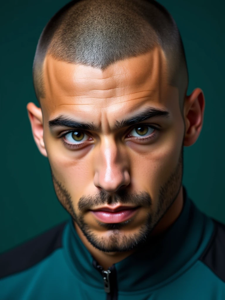 Adnan, close up , buzzcut, body hair, fade, dramatic, best quality, color scheme blue, forest