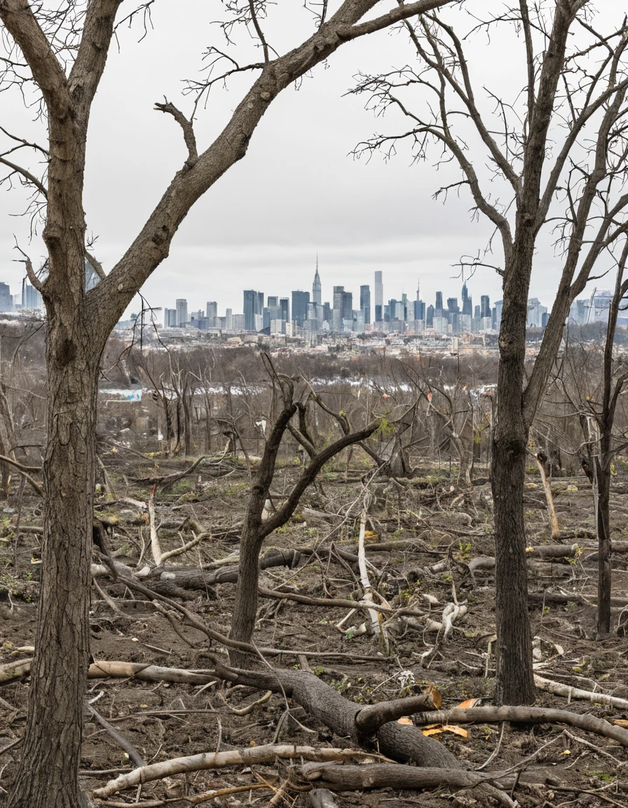 trees in foreground, city in background,  <lora:EcoDamage:0.4> EcoDamage