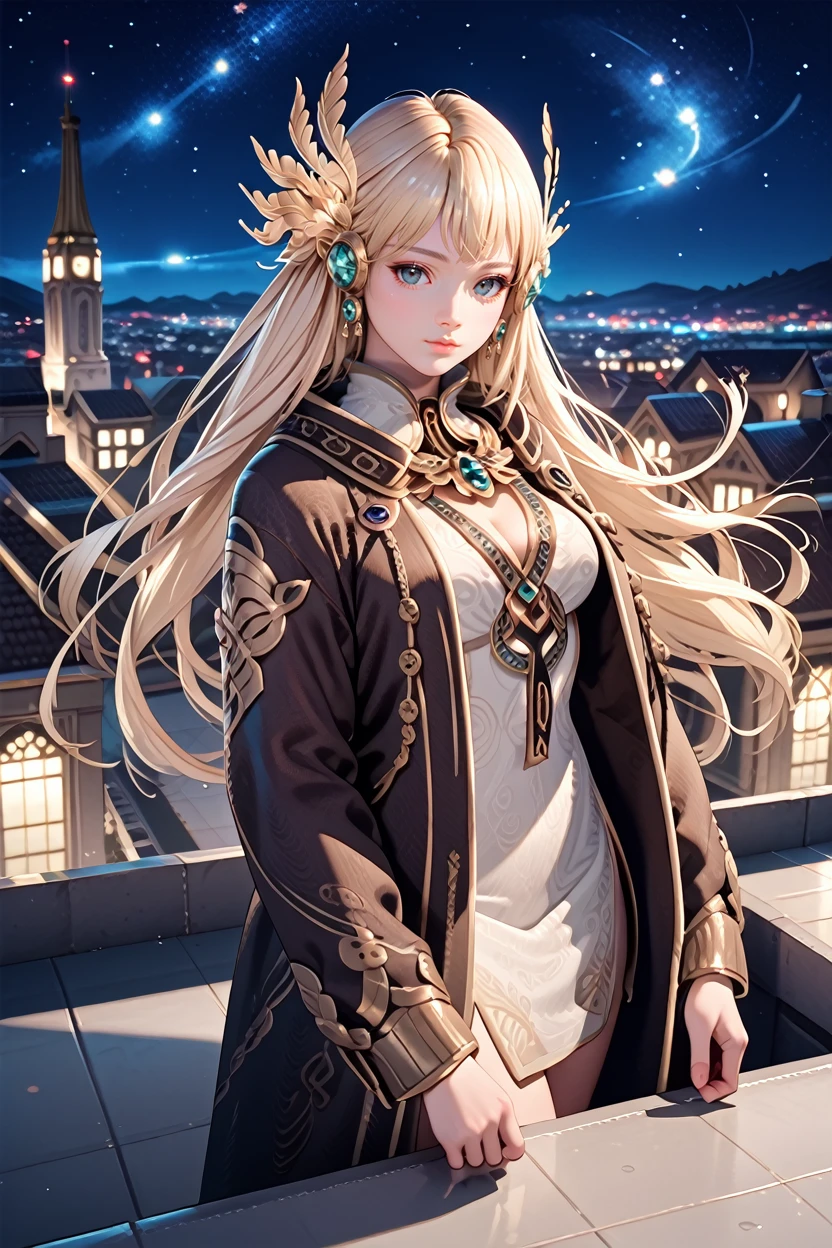 score_9, score_8_up, score_7_up,
<lora:LABeatrice:1.0>
LABeatrice, 1girl, long hair, blonde hair, hair ornament, looking at viewer, standing on a rooftop at night, city lights twinkling below, wind gently blowing hair, starry sky above, mysterious and enchanting ambiance